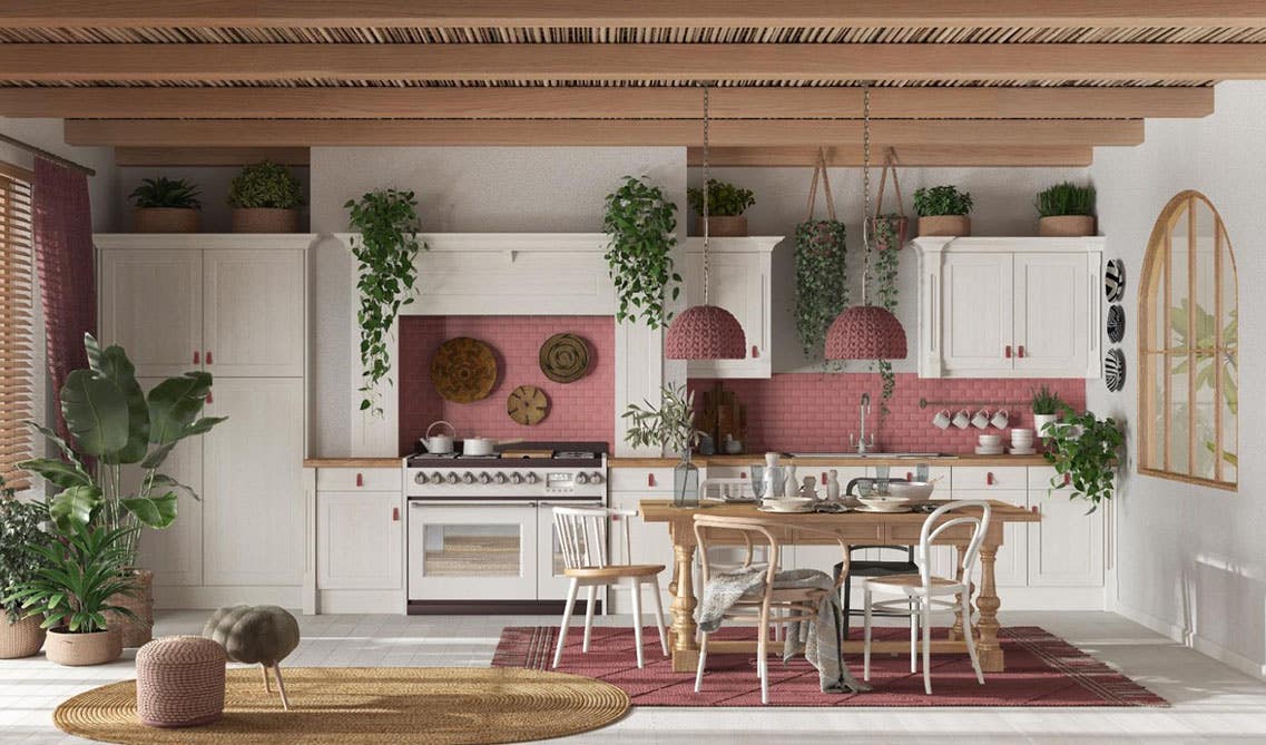 Red, bright white, and wood Finish kitchen