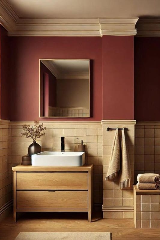 Rich Burgundy Bathroom wall paired with natural wood vanity and wood flooring