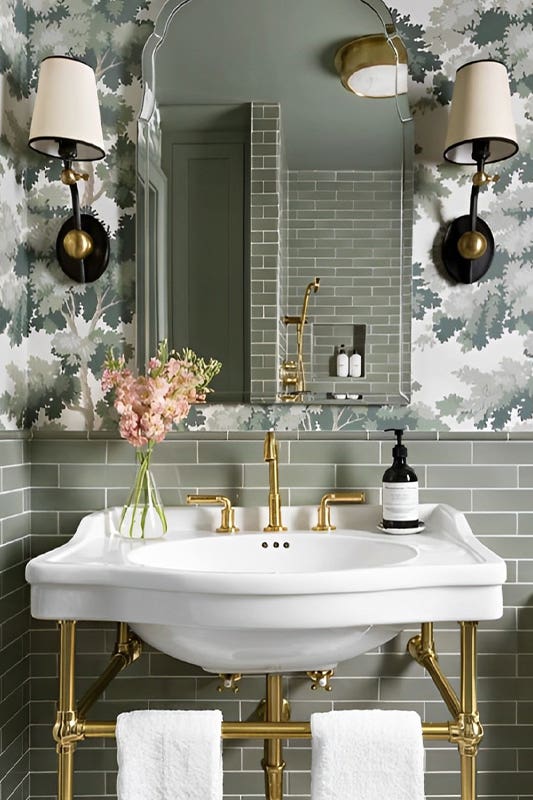Sage green bathroom design paired with gold accent and green subway wall tiles