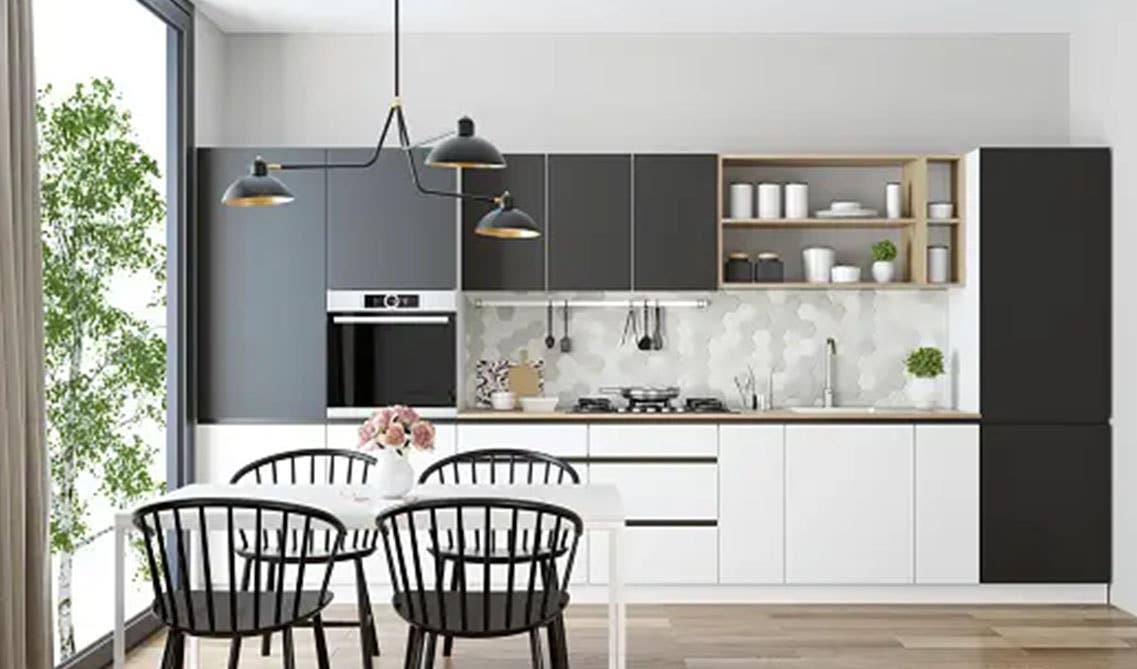 Scandinavian kitchen design with black and white cabinets, statement pendant lights, 4 chair dining table and spc flooring