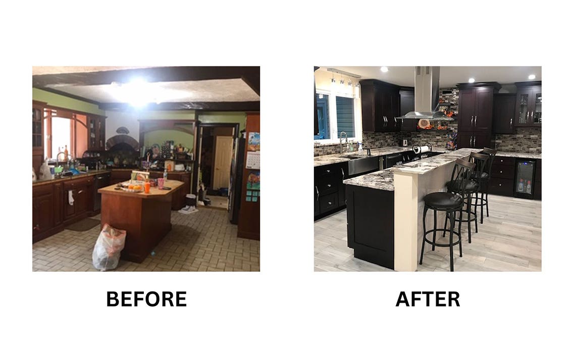 Picture of before and after DIY makeover with Shaker Espresso kitchen cabinet