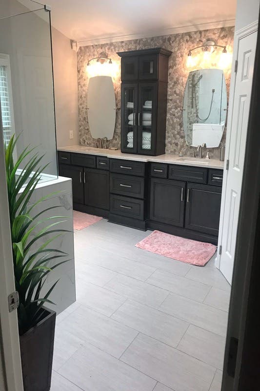 Shaker expresso bathroom vanity paired with accent wall