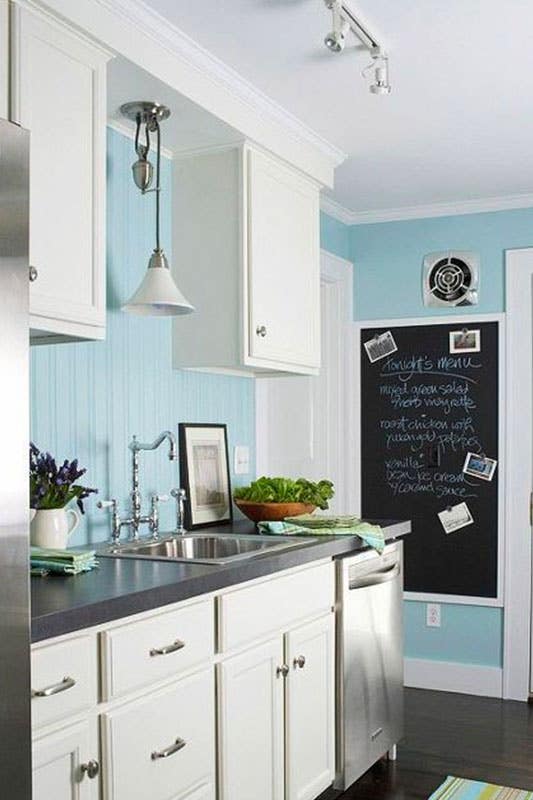 Sky Blue kitchen wall color with white cabinets