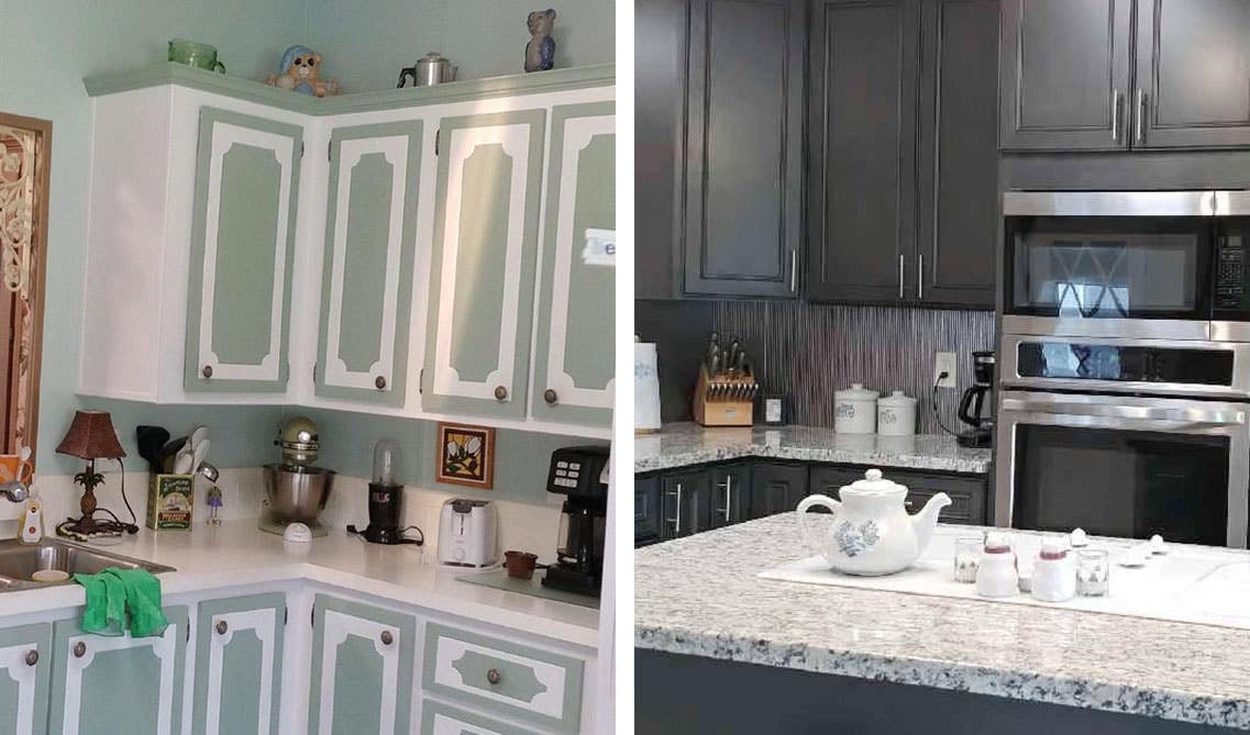 Before and after photos of Kitchen cabinet makeover with Sleek Dark Grey Tones