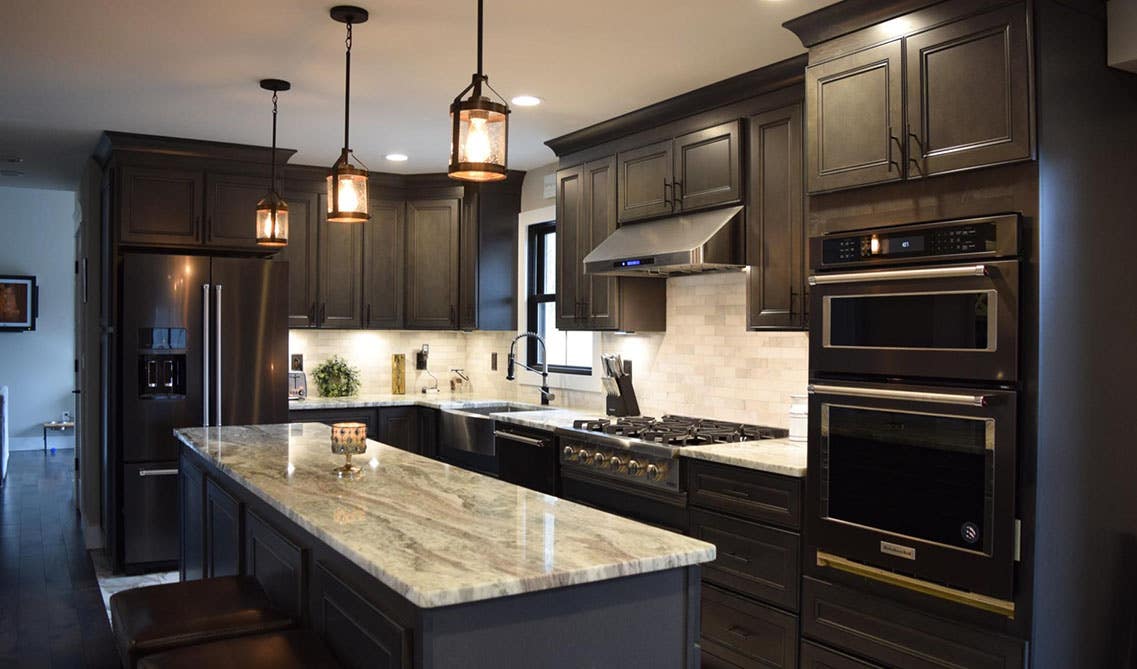 sleek and modern kitchen design with York Driftwood Grey cabinet and marble countertop 