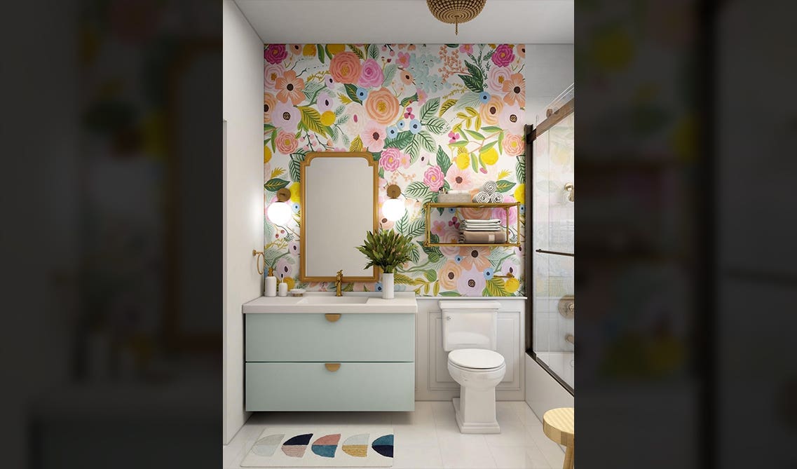 Small Bathroom vanity with Bold color wallpaper