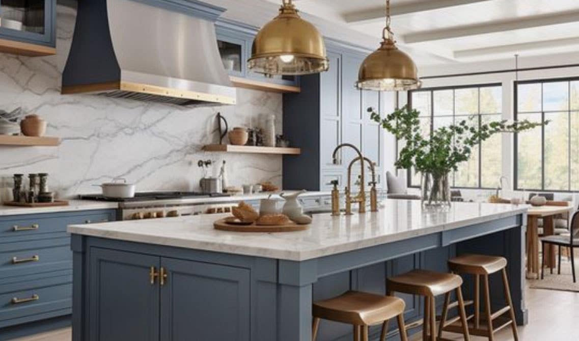 kitchen adorned in soft blue cabinetry and marble countertops