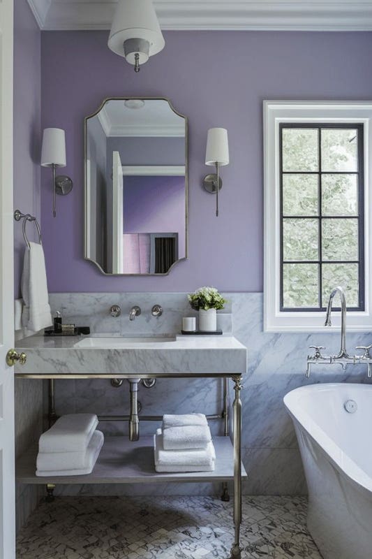 Soft Lavender bathroom paired with silver and white accent 