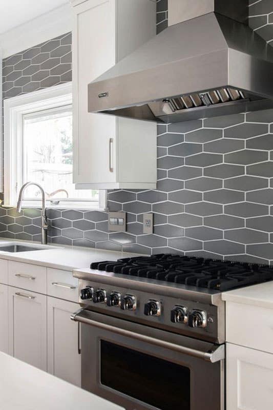 Modern kitchen with Soothing Grey Tile backsplash and white cabinets