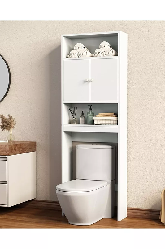 white Linen cabinets over the toilet 