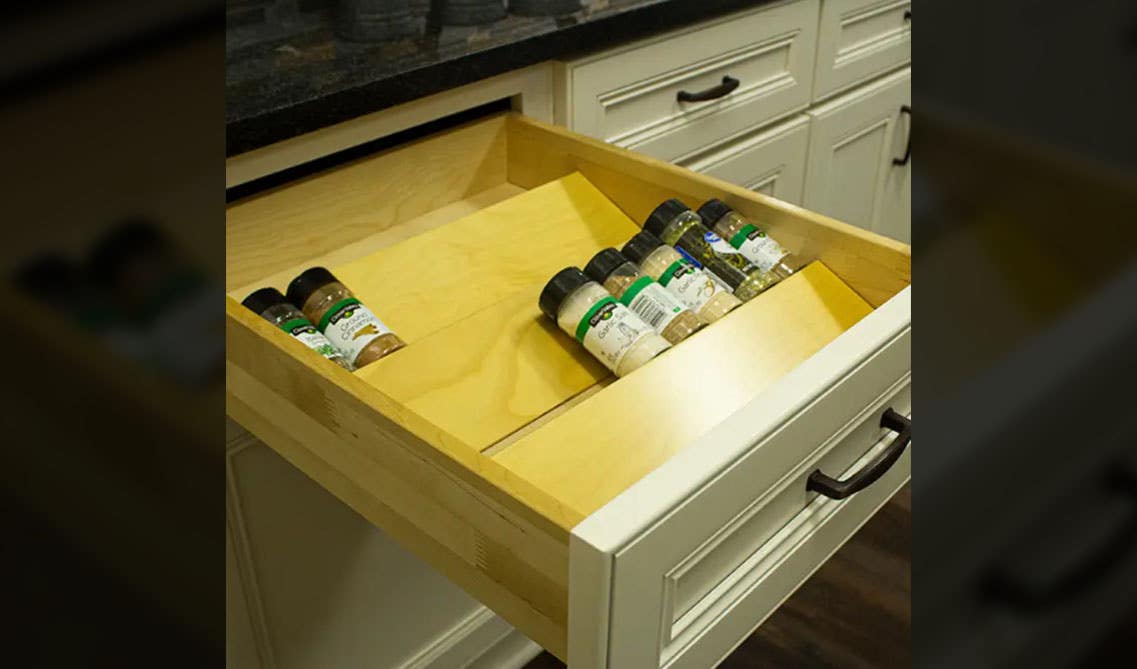 Spice Tray Drawer Insert in white cabinets