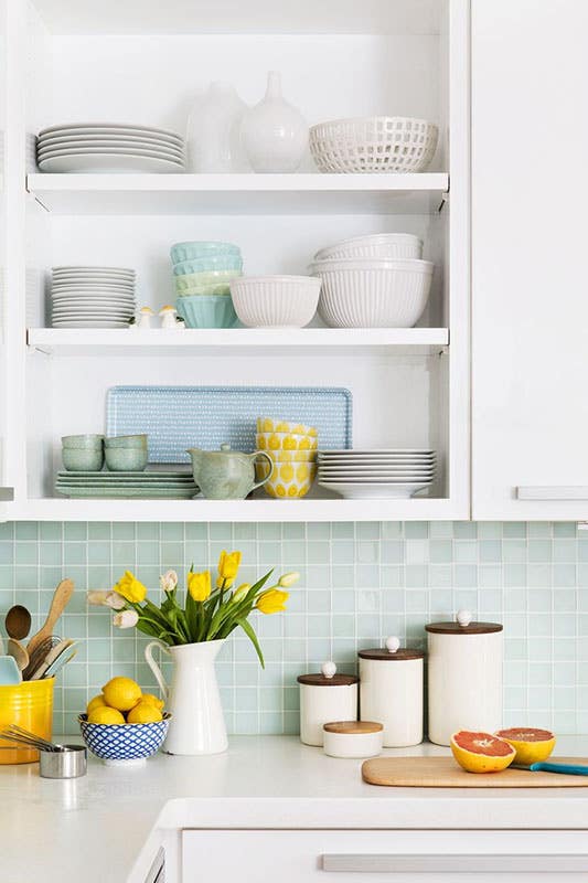 Spring Dishes decor with white cabinetry 