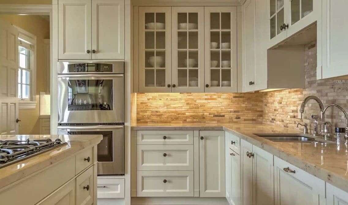 white shaker cabinets with a beige and brown stone splash