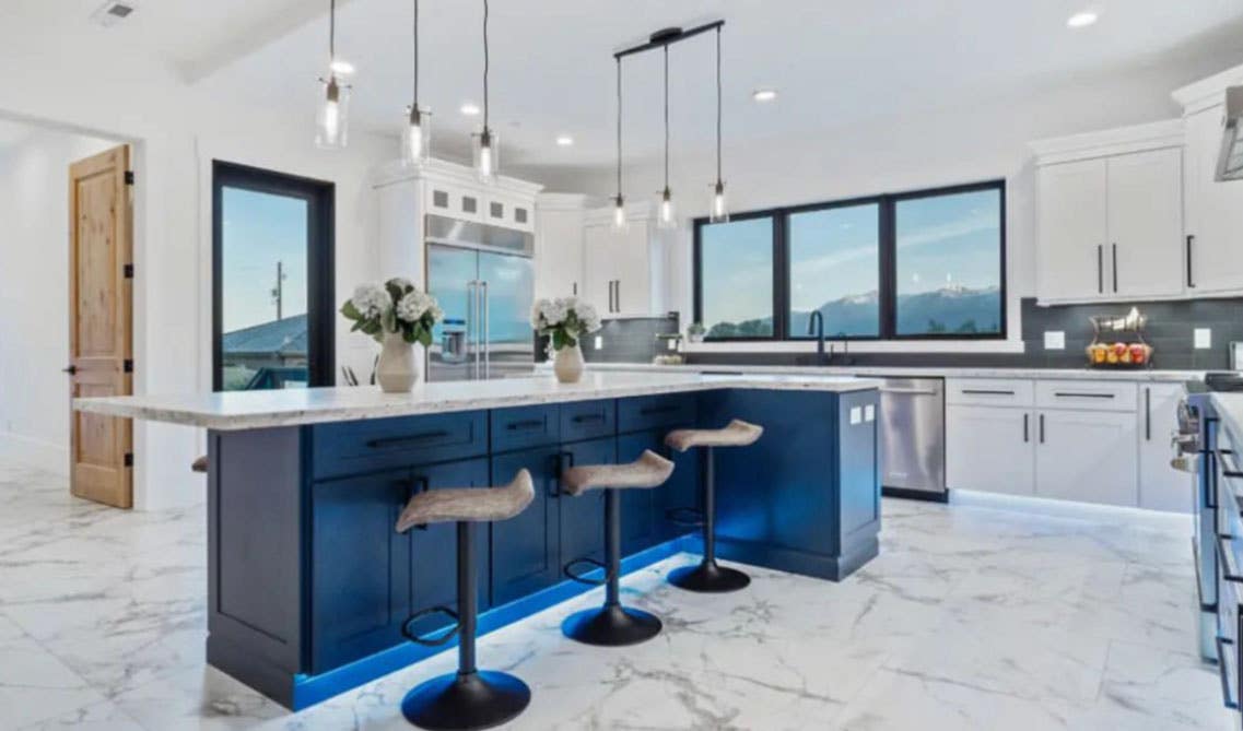 Kitchen island with lighting strips