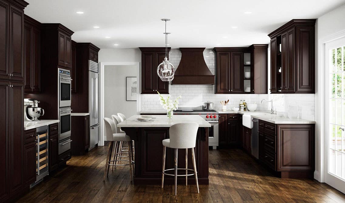 subway tiles with brown kitchen cabinets