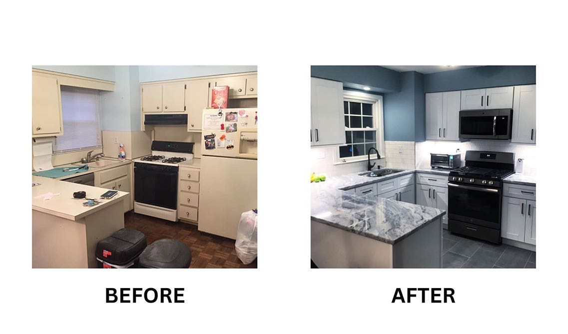 Picture of before and after DIY makeover with Summit Shaker kitchen cabinet