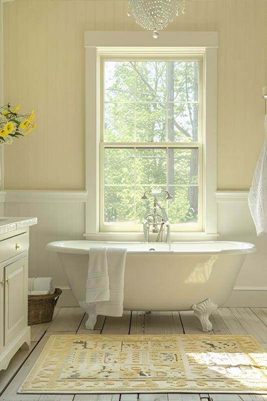 Sunny yellow Bathroom paired with white accent and wooden flooring