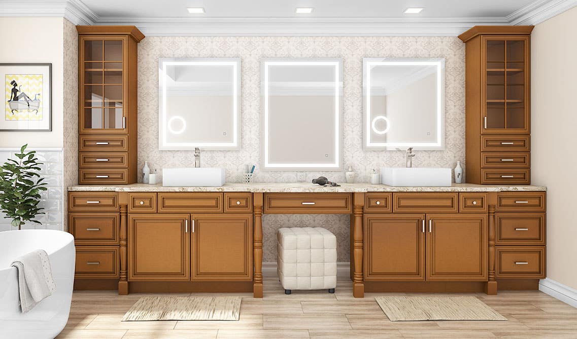 Brown bathroom vanity with quartz countertops, double sink with mirrors and bathtub beside window 