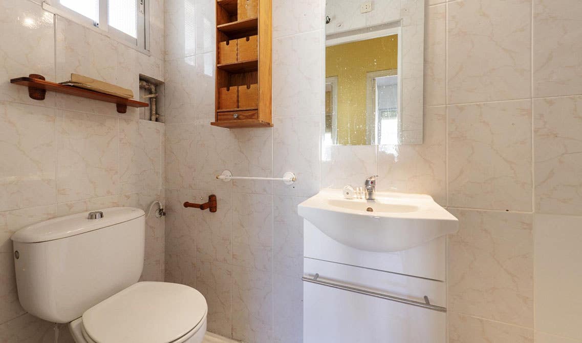 Small bathroom design features single vanity with sink, and toilet sheet