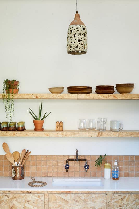 Trendy & Minimal style wooden floating shelves over sink