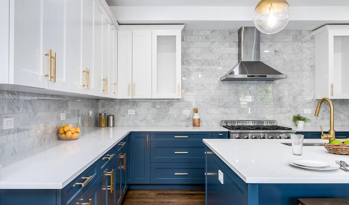 two tone white and blue kitchen cabinets