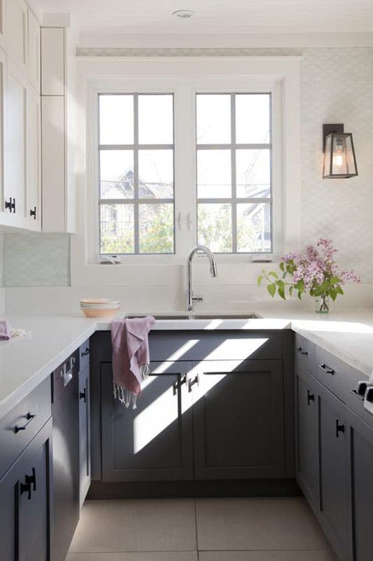 Two Toning white and navy blue cabinets galley kitchen 