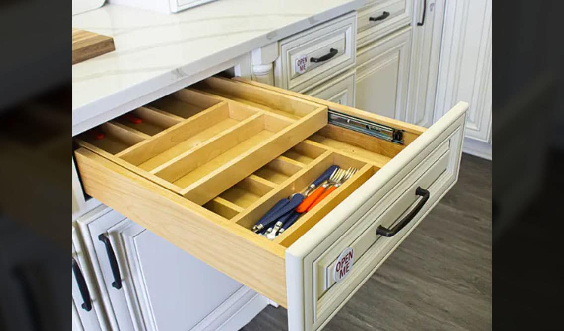 Two Tier Wood Cutlery Drawer in white cabinets