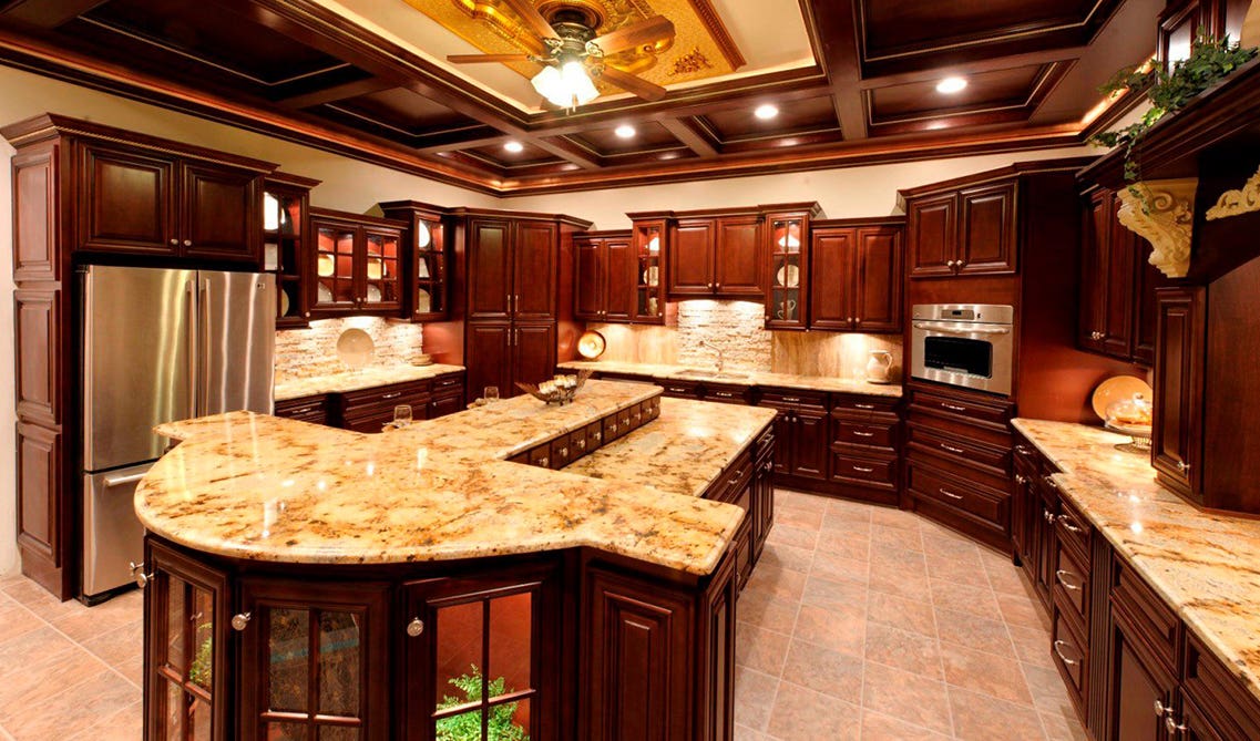 U-shaped kitchen layout with brown Cabinets