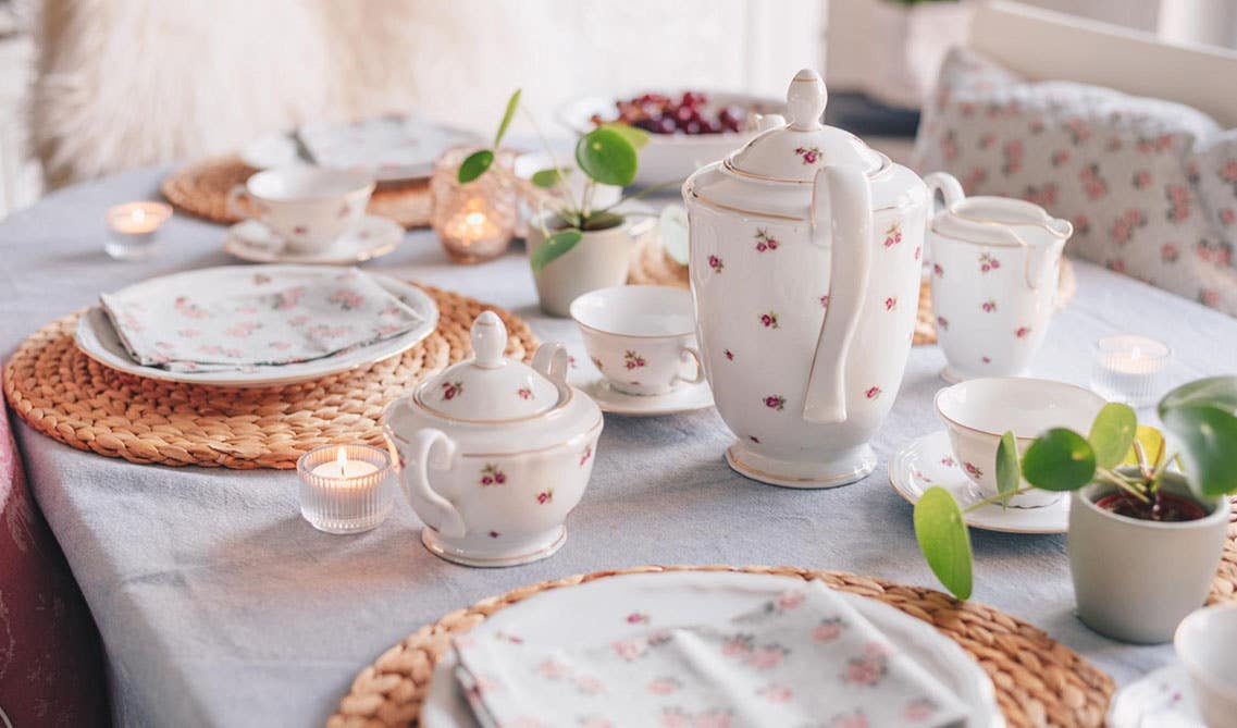  Floral Prints tea pot and cups on dining table