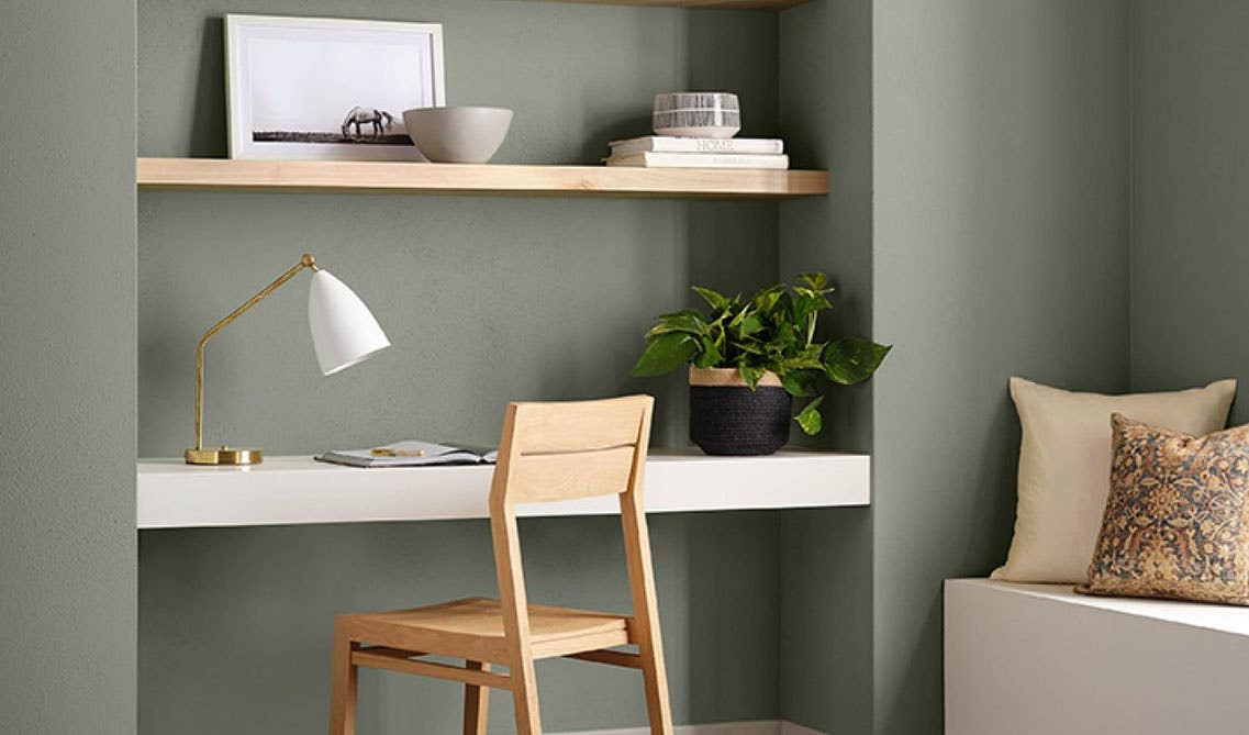 Gray color wall kitchen with floating shelves designs 