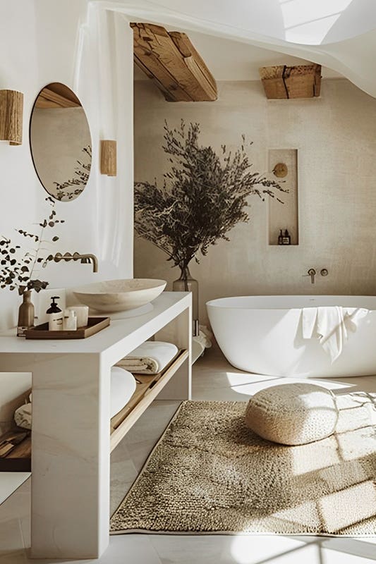 Warm beige bathroom design paired with natural materials like wood and stone