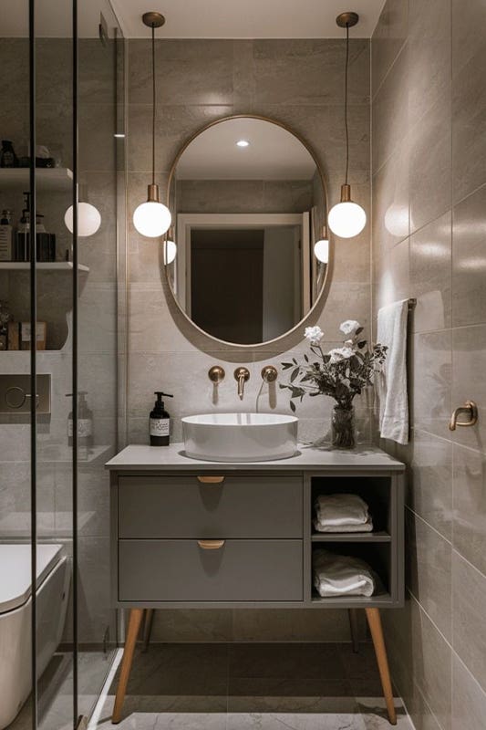 Warm gray bathroom paired with free standing vanity and brass hardware
