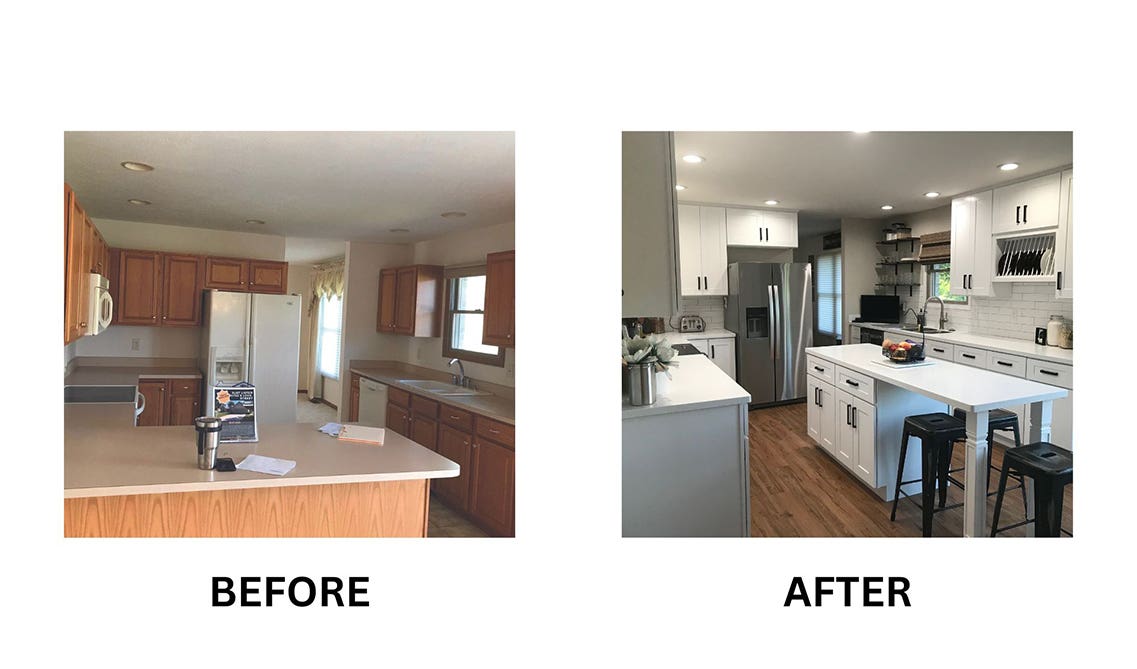 Picture of before and after DIY makeover with White Shaker Elite kitchen cabinet