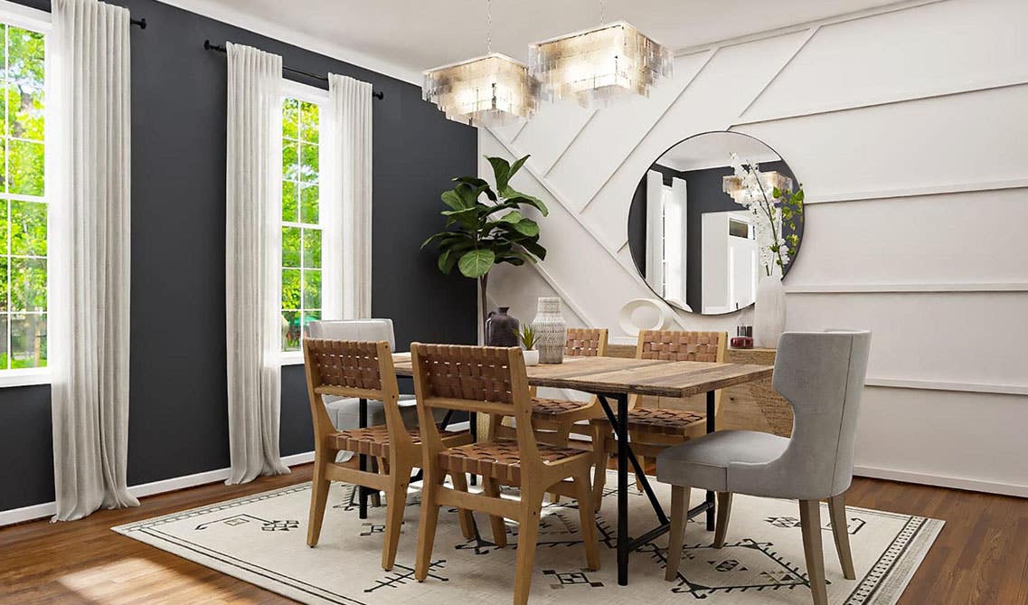 Beautiful dining area with white shiplap accent wall