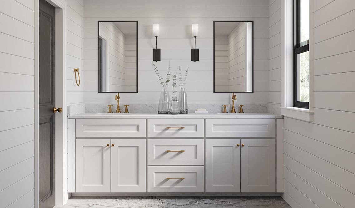 white shaker vanity with double sink and mirror look