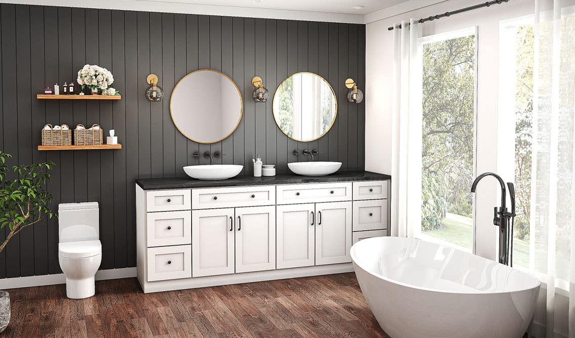 White Shaker Bathroom Cabinets with large Bathtub