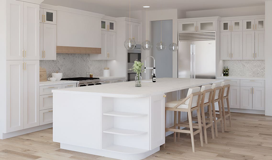 White shaker kitchen island paired with wood chairs, integrated sink and open shelves design