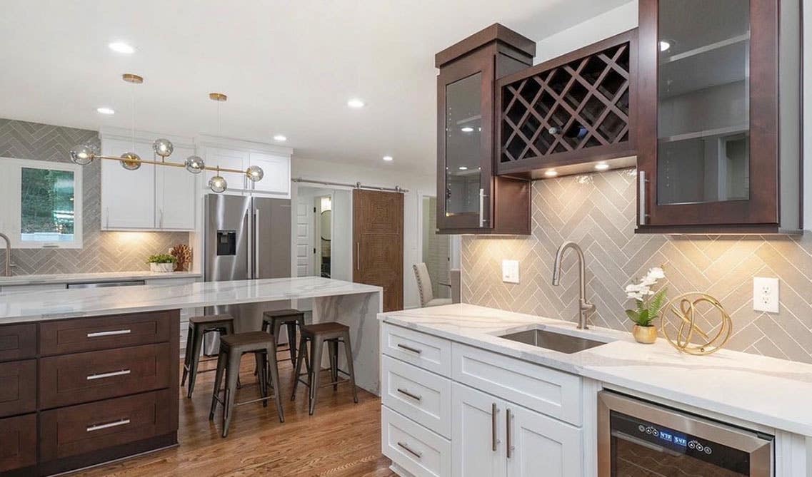 two tone white and brown cabinets kitchen design