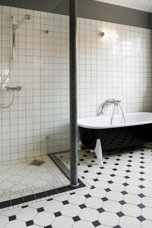 white bathroom with mosaic tiles