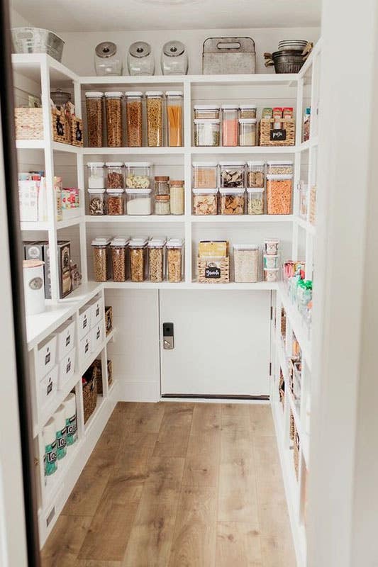 White Kitchen Pantry with stackable containers and SPC flooring 