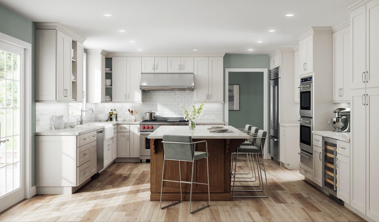 White L shape kitchen with wood island and stainless steel appliances 