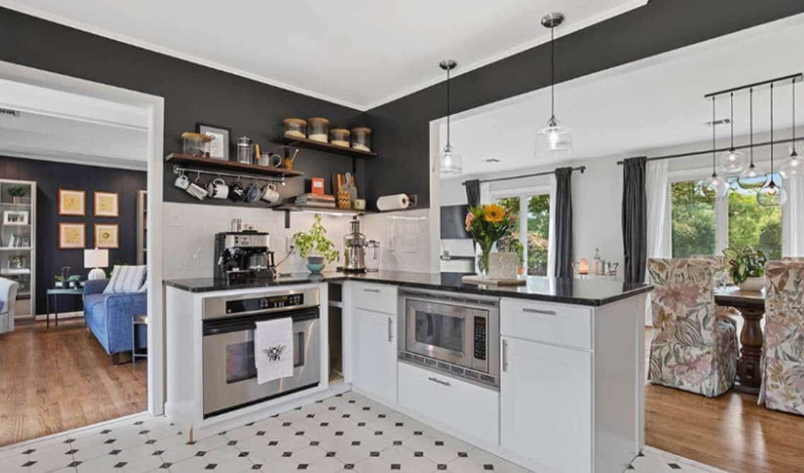 White shaker cabinet pair with silver pull and open shelves