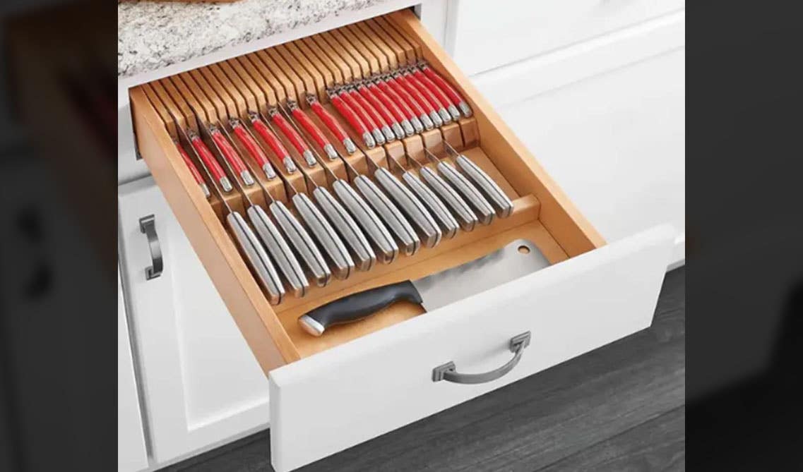 Wood Double Knife Block Insert in white cabinets