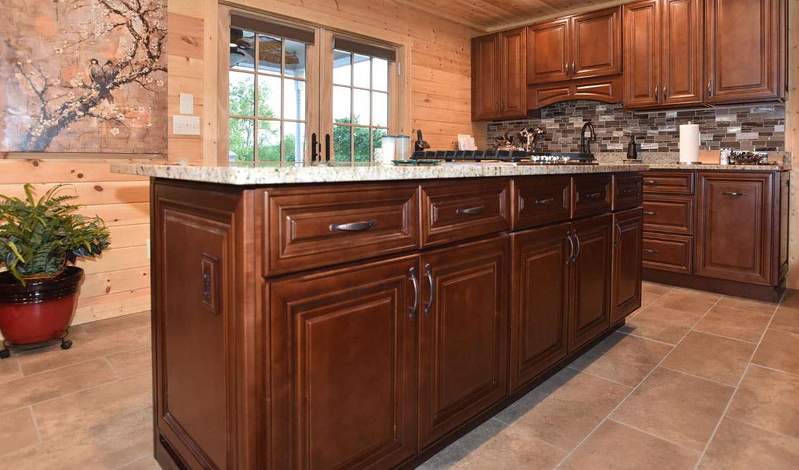 Kitchen design with Wood Shiplap Walls and Ceilings with Brown Cabinets