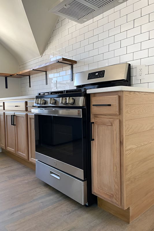 Wood kitchen cabinets with microwave oven organizer 