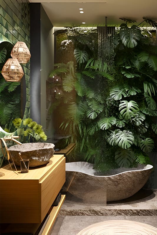 Wooden vanity with rock sink and green decor 