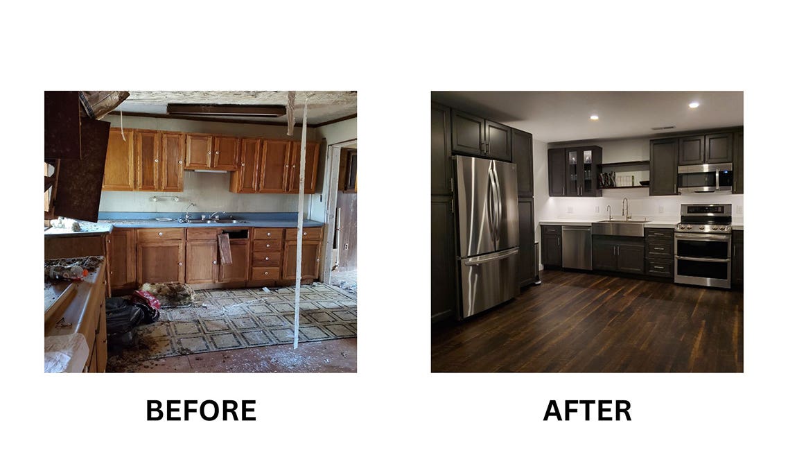 Picture of before and after DIY makeover with York Driftwood Grey kitchen cabinet