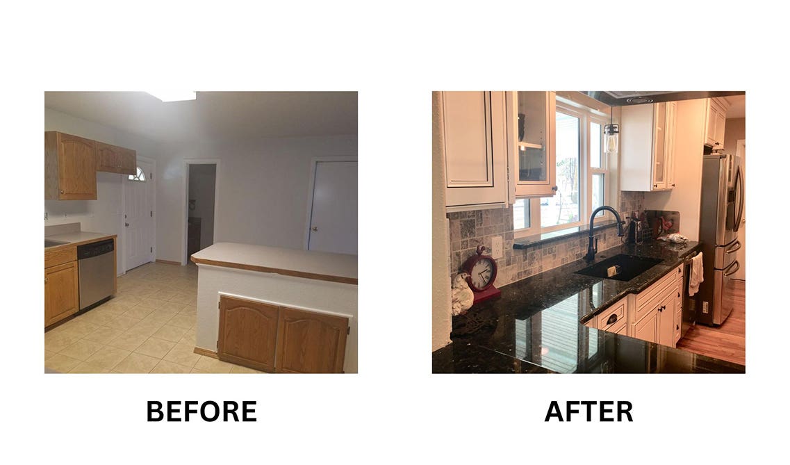 Picture of before and after DIY makeover with York Linen kitchen cabinet