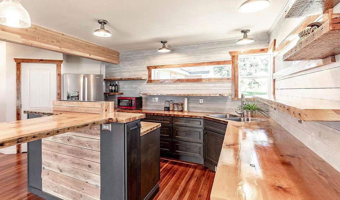 York Driftwood Grey Cabinets with wood accent 