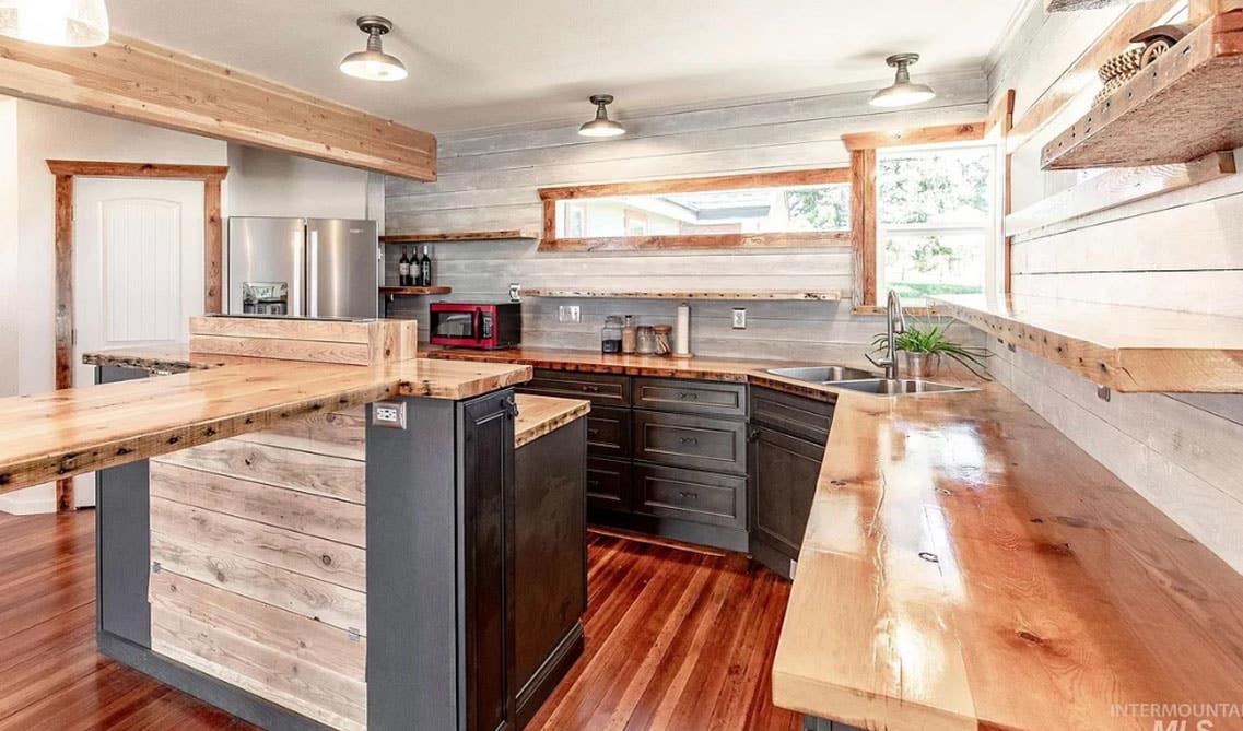 Kitchen Design with natural color cabinet with driftwood cabinets